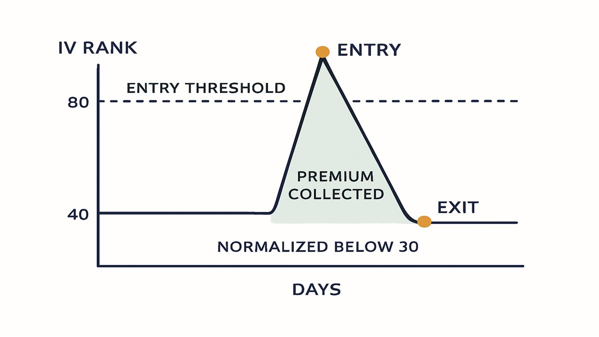 Diagram showing IV Rank spiking above 80 with a confirmed jump, an entry marker, then a fast drop back below 30 labeled IV normalization with a profit target exit marker