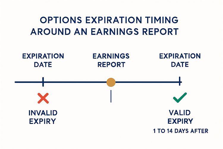 Timeline diagram showing an invalid expiry placed before the earnings date and a valid expiry placed after it