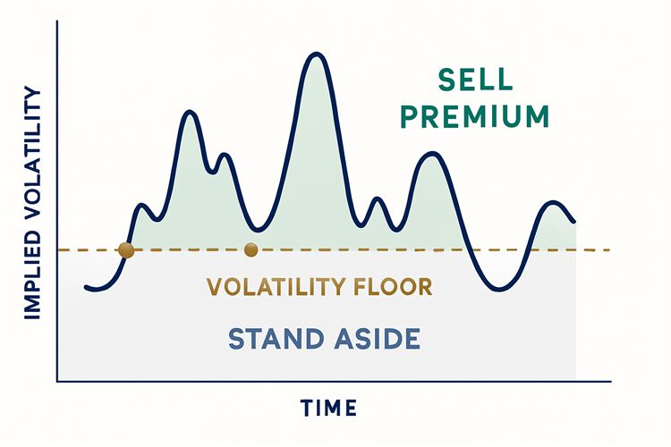 Timeline of implied volatility showing entries taken only above an adjustable volatility floor